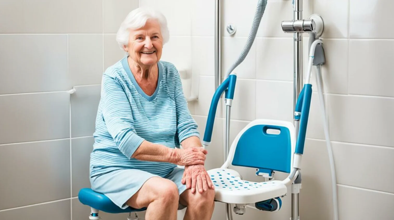 mujer mayor duchándose con seguridad gracias a una ducha portátil con silla